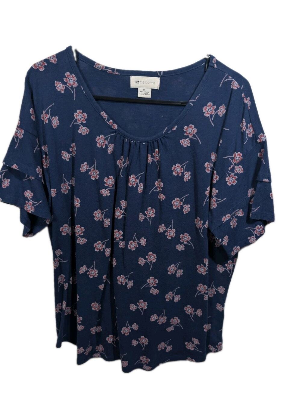 Liz Claiborne Shirt Blouse Top Floral Navy gathered Bell Sleeves Women's Size XL